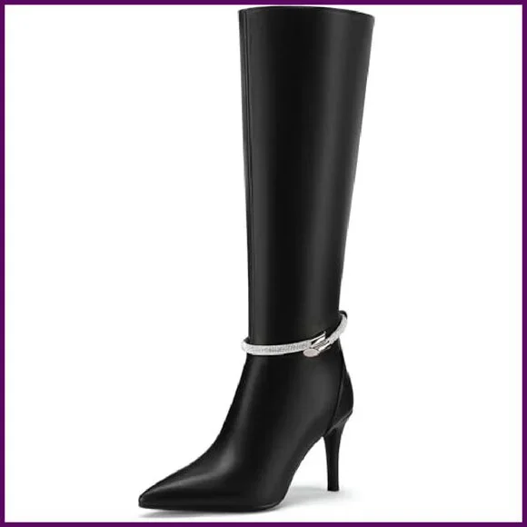 Knee High Stiletto Boots 3.2 Heel Pointed Toe Rhinestone Zipper Dress